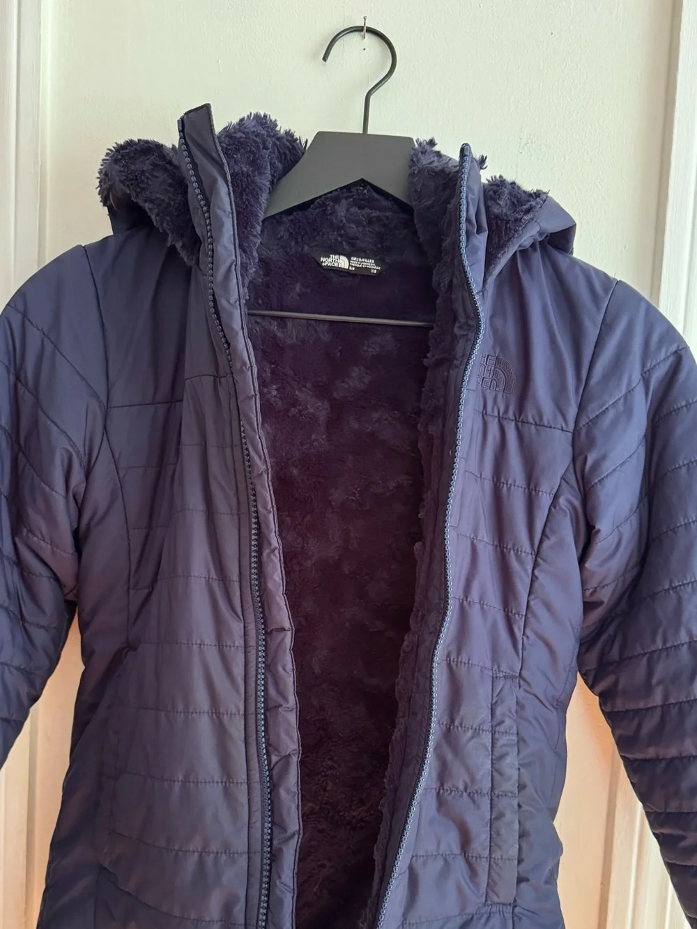Girls North Face Navy Blue Quilted Hooded Parka Jacket Soft Plush Fleece, 7/8